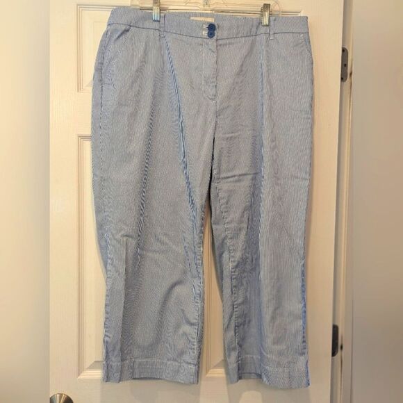 Talbots 18W Blue White Striped Cropped Pants Two-Button Capri Trousers Cotton - Picture 2 of 10